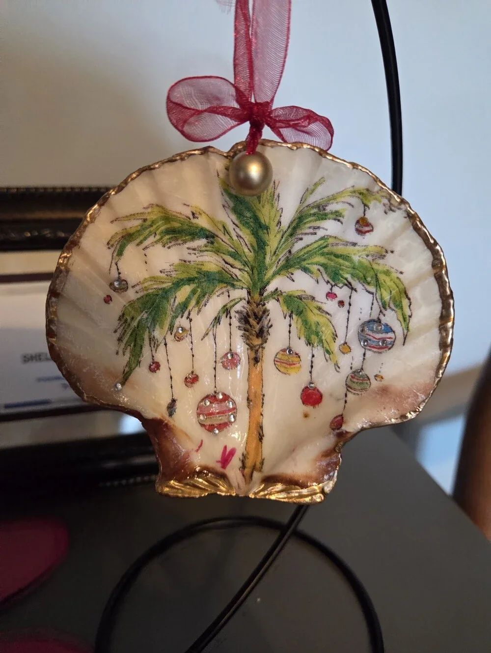 Handcrafted Ornament Scallop Shell With A Palm Tree Design
